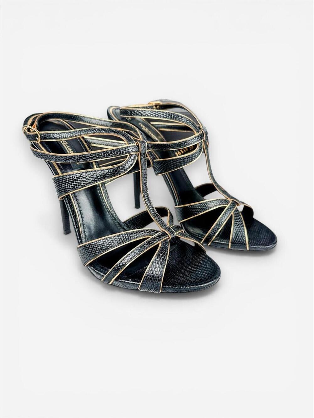 Dolce & Gabbana Black Gold Embossed Calfskin Ankle Strap Stiletto EU 39 | NWT